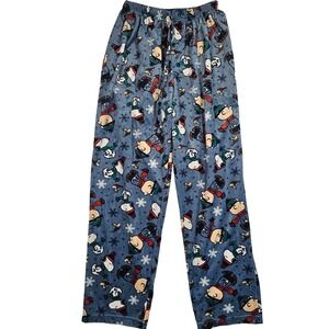 Peanuts Snoopy Charlie Brown Pajama Pants Mens Medium Blue Fleece Winter Holiday